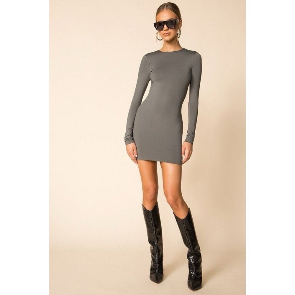 superdown Olive Gray Long Sleeve Backless Bodycon Mini Dress